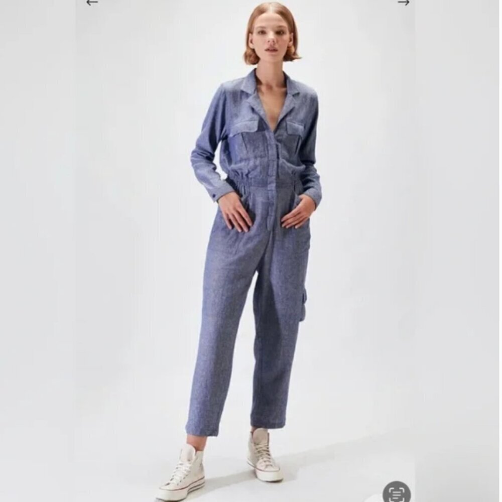 Rue Stiic Women's Sz Large Arya Jumpsuit Chambray Blue Denim Linen Cargo Pockets